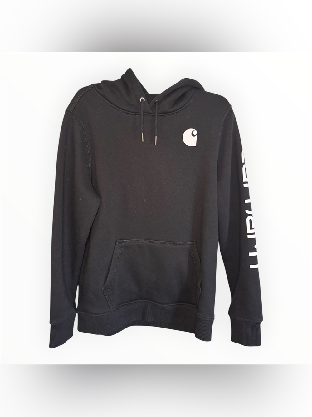 Super Cozy Carhartt Black Logo Pullover Hoodie with Sleeve Script | Size L